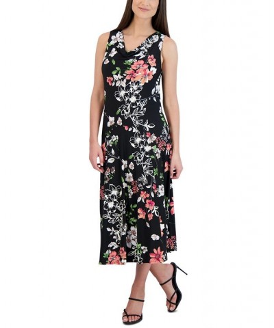 Women's Printed V-Neck Sleeveless Midi Dress Black $31.60 Dresses