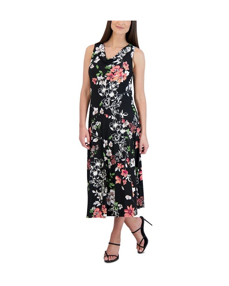 Women's Printed V-Neck Sleeveless Midi Dress Black $31.60 Dresses