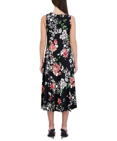 Women's Printed V-Neck Sleeveless Midi Dress Black $31.60 Dresses