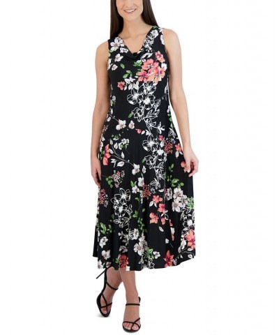 Women's Printed V-Neck Sleeveless Midi Dress Black $31.60 Dresses