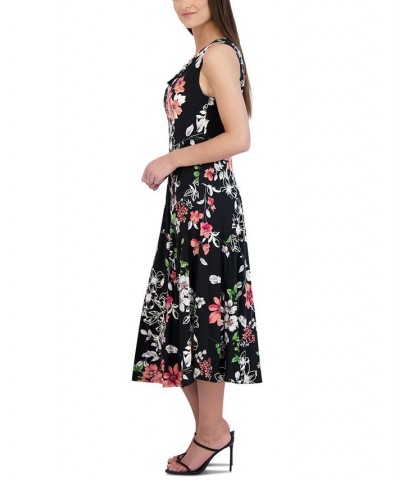 Women's Printed V-Neck Sleeveless Midi Dress Black $31.60 Dresses