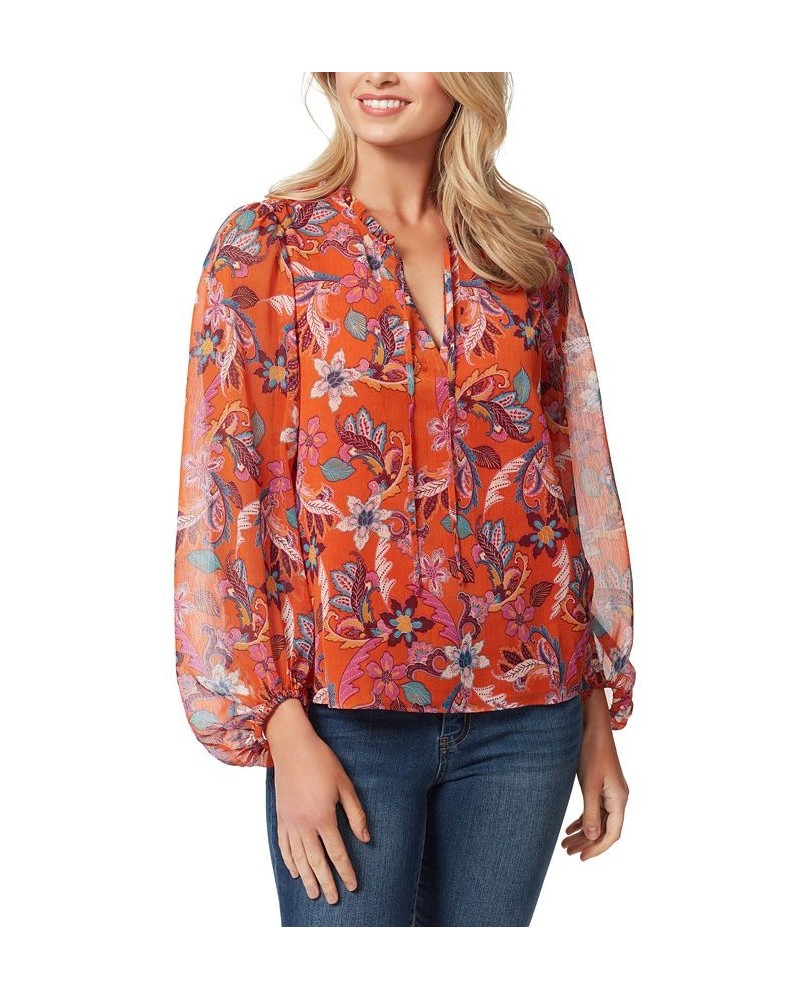 Women's Ruby Printed Balloon-Sleeve Boho Top Orange $19.24 Tops