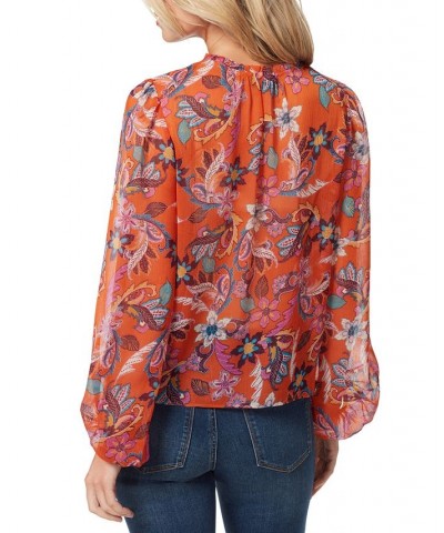 Women's Ruby Printed Balloon-Sleeve Boho Top Orange $19.24 Tops