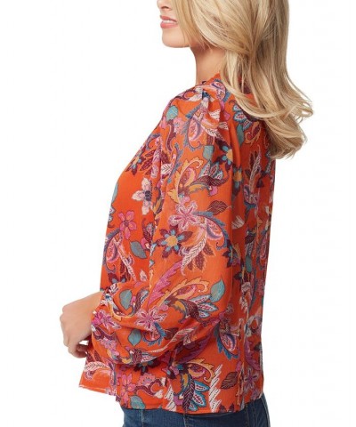 Women's Ruby Printed Balloon-Sleeve Boho Top Orange $19.24 Tops