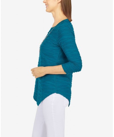 Petite Size Classics Solid Texture Top with Detachable Necklace Peacock $25.80 Tops