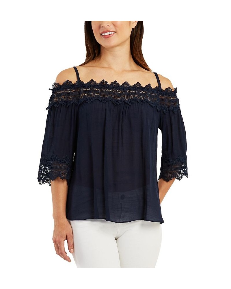 Juniors' Crochet Lace-Trimmed Cold-Shoulder Top Navy $27.54 Tops