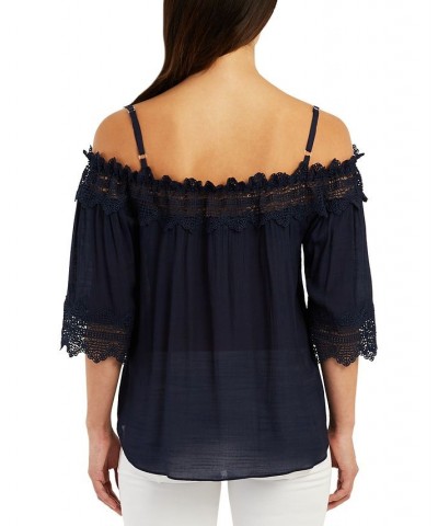 Juniors' Crochet Lace-Trimmed Cold-Shoulder Top Navy $27.54 Tops