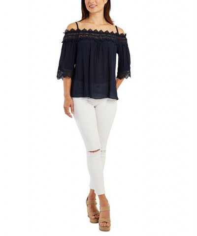 Juniors' Crochet Lace-Trimmed Cold-Shoulder Top Navy $27.54 Tops