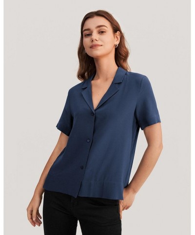 Women's V Neck Half-Sleeve Notch Silk Shirt Blue $45.98 Tops
