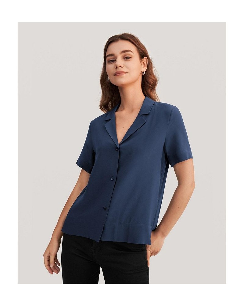 Women's V Neck Half-Sleeve Notch Silk Shirt Blue $45.98 Tops