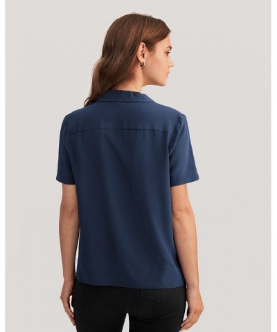 Women's V Neck Half-Sleeve Notch Silk Shirt Blue $45.98 Tops