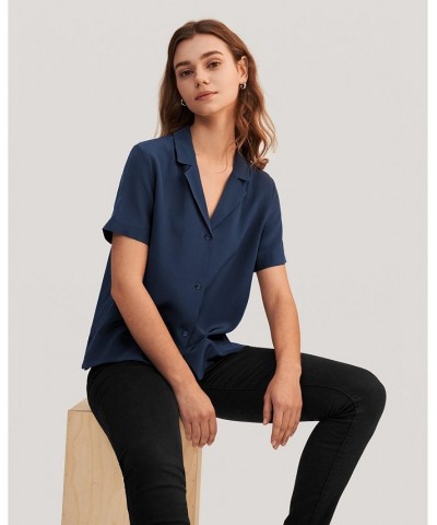 Women's V Neck Half-Sleeve Notch Silk Shirt Blue $45.98 Tops