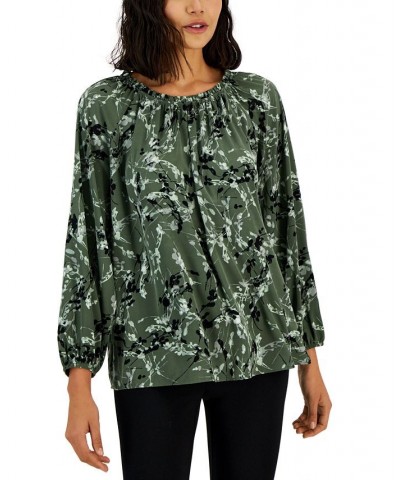 Women's Printed Volume-Sleeve Blouse Green Abstract Floral $19.69 Tops