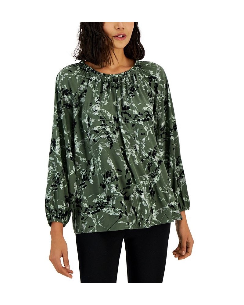 Women's Printed Volume-Sleeve Blouse Green Abstract Floral $19.69 Tops