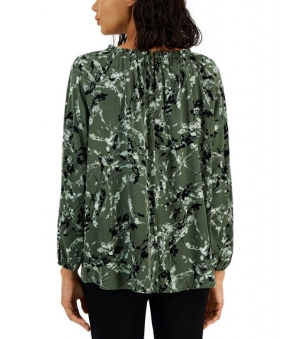 Women's Printed Volume-Sleeve Blouse Green Abstract Floral $19.69 Tops