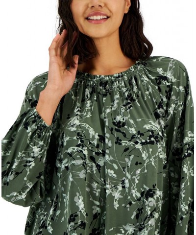 Women's Printed Volume-Sleeve Blouse Green Abstract Floral $19.69 Tops