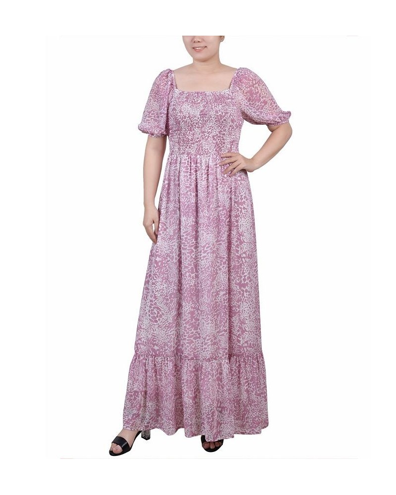 Petite Short Sleeve Smocked Maxi Dress Lilac Animal $17.94 Dresses