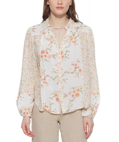 Women's Mixed-Print Tie-Neck Button-Front Blouse Peachy Florals $16.35 Tops