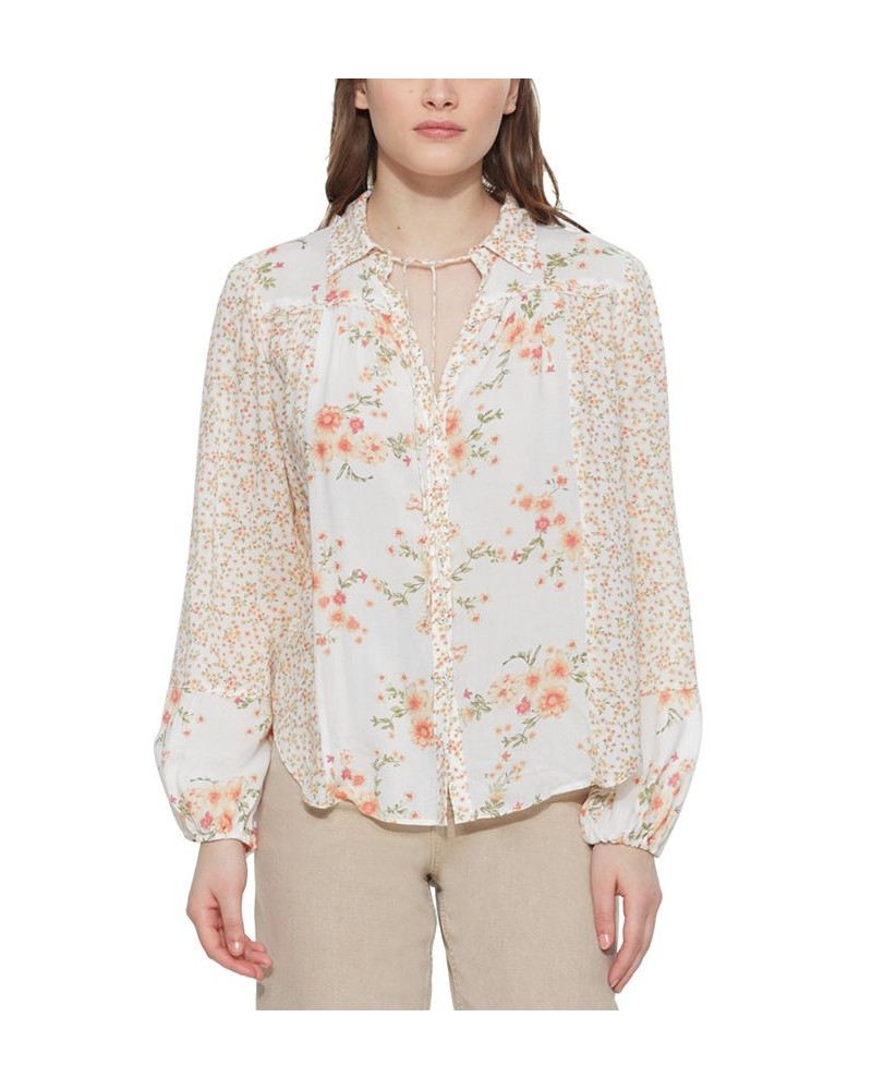 Women's Mixed-Print Tie-Neck Button-Front Blouse Peachy Florals $16.35 Tops