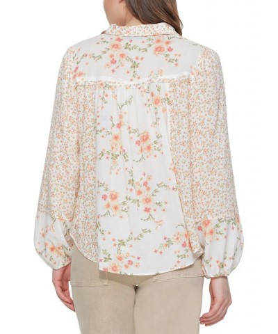 Women's Mixed-Print Tie-Neck Button-Front Blouse Peachy Florals $16.35 Tops