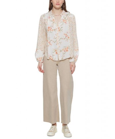 Women's Mixed-Print Tie-Neck Button-Front Blouse Peachy Florals $16.35 Tops