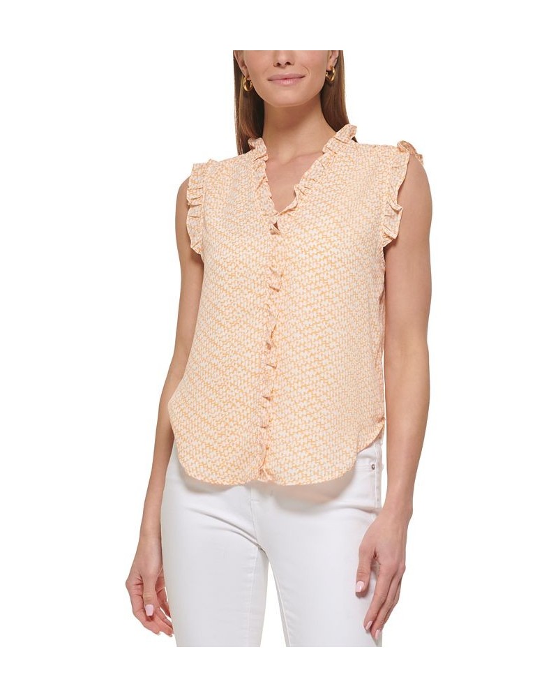 Petite Printed Ruffle-Trimmed Sleeveless V-Neck Blouse Melon Multi $28.29 Tops