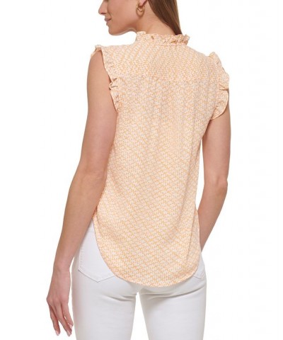 Petite Printed Ruffle-Trimmed Sleeveless V-Neck Blouse Melon Multi $28.29 Tops