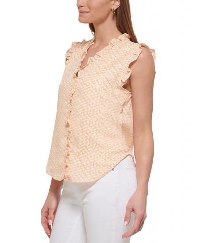 Petite Printed Ruffle-Trimmed Sleeveless V-Neck Blouse Melon Multi $28.29 Tops