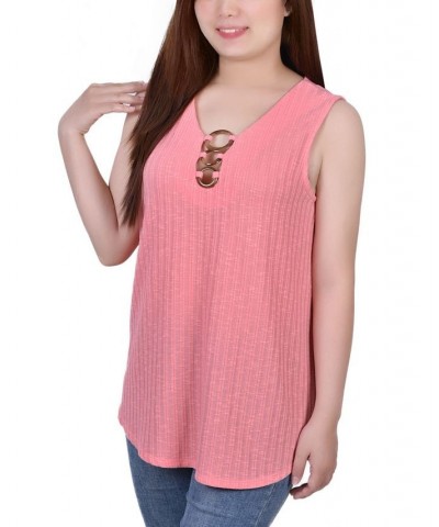 Petite Size Sleeveless Ribbed Top with Triple Rings Pink $13.80 Tops