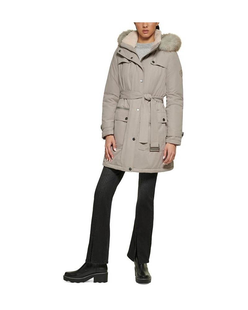 Women's Belted Faux-Fur-Trim Hooded Anorak Tan/Beige $52.50 Coats