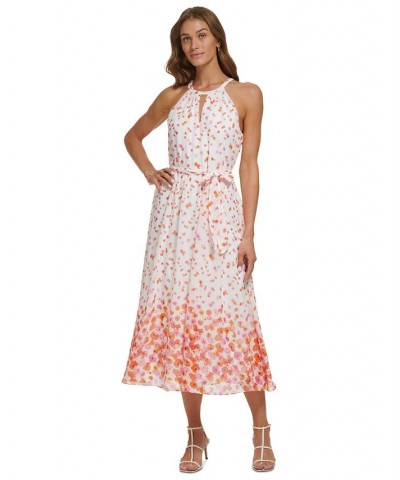 Women's Keyhole Halter Belted Border-Print Dress Ivory/Orange $48.65 Dresses