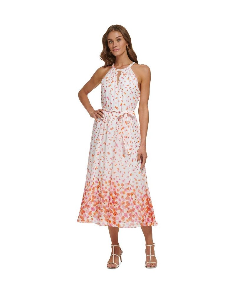 Women's Keyhole Halter Belted Border-Print Dress Ivory/Orange $48.65 Dresses