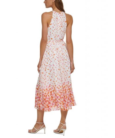 Women's Keyhole Halter Belted Border-Print Dress Ivory/Orange $48.65 Dresses