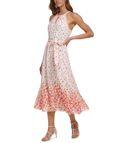 Women's Keyhole Halter Belted Border-Print Dress Ivory/Orange $48.65 Dresses