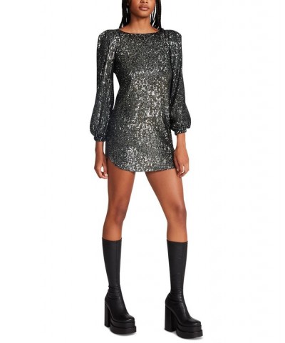 Women's Delorean Sparkling Puff-Sleeve Mini Dress Silver $24.68 Dresses