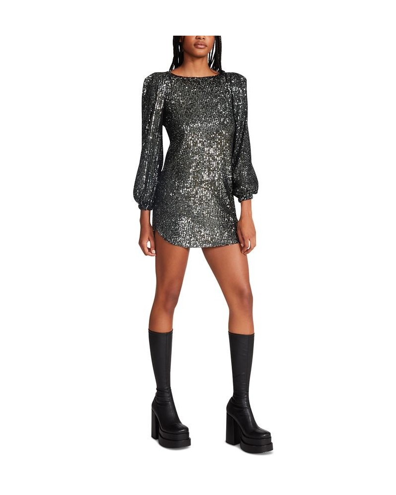 Women's Delorean Sparkling Puff-Sleeve Mini Dress Silver $24.68 Dresses