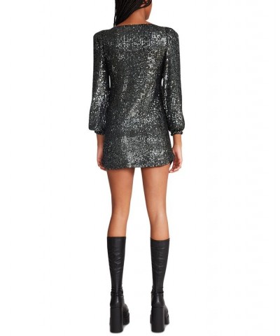 Women's Delorean Sparkling Puff-Sleeve Mini Dress Silver $24.68 Dresses