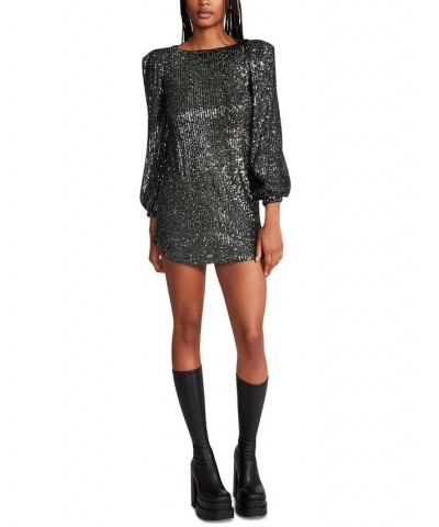 Women's Delorean Sparkling Puff-Sleeve Mini Dress Silver $24.68 Dresses