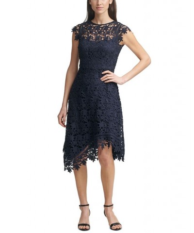 Lace Asymmetrical-Hem Midi Dress Navy Blue $89.10 Dresses
