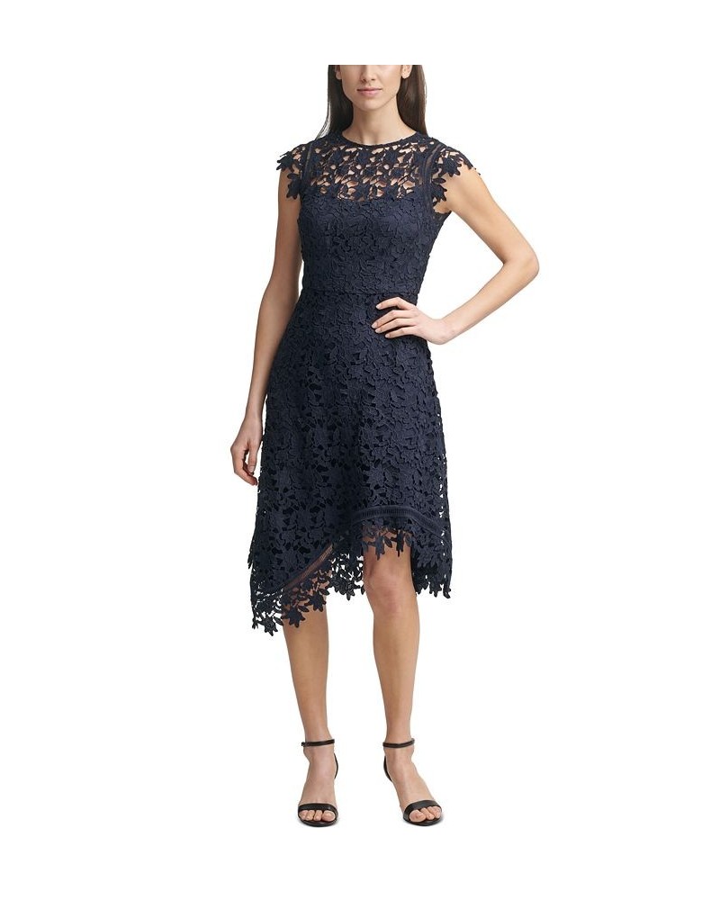 Lace Asymmetrical-Hem Midi Dress Navy Blue $89.10 Dresses