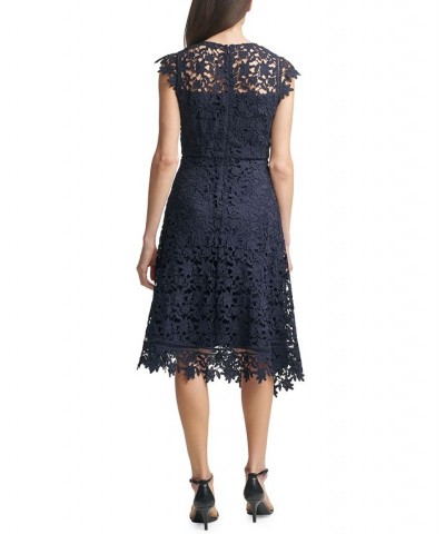 Lace Asymmetrical-Hem Midi Dress Navy Blue $89.10 Dresses