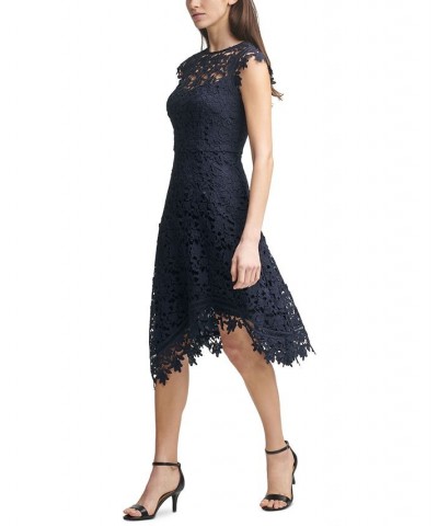 Lace Asymmetrical-Hem Midi Dress Navy Blue $89.10 Dresses