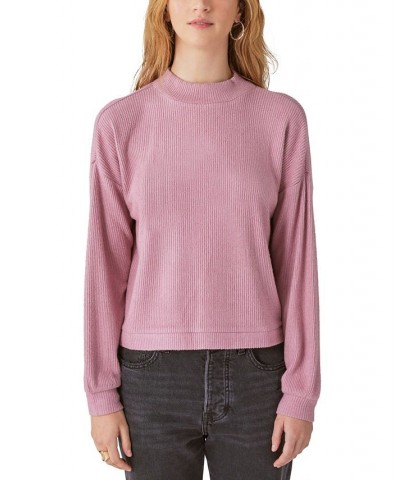 Cloud Ribbed Mock Neck Bubble Sleeve Top Pink $24.17 Tops