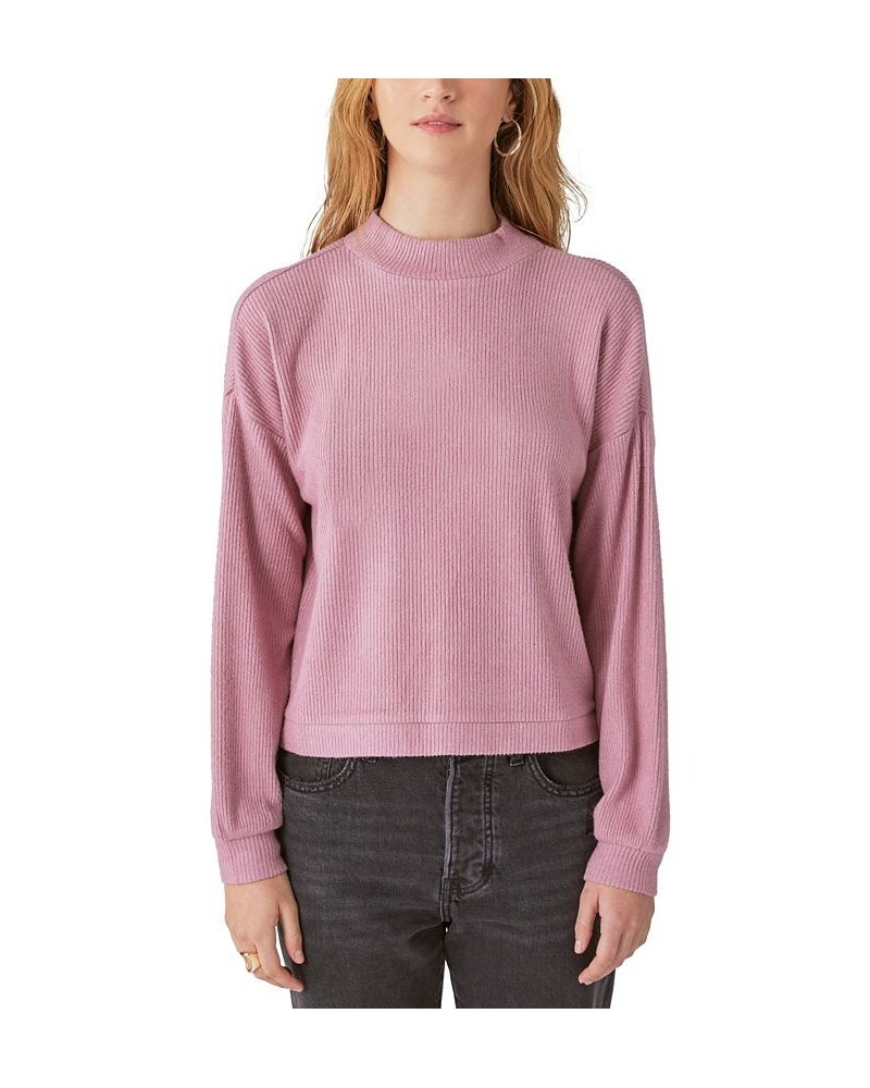 Cloud Ribbed Mock Neck Bubble Sleeve Top Pink $24.17 Tops