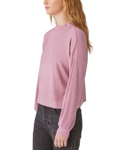 Cloud Ribbed Mock Neck Bubble Sleeve Top Pink $24.17 Tops