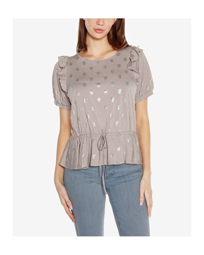 Black Label Petite Paisley Print Short Sleeve Peplum Ruffle Top Pearl Gray, Silver $36.90 Tops