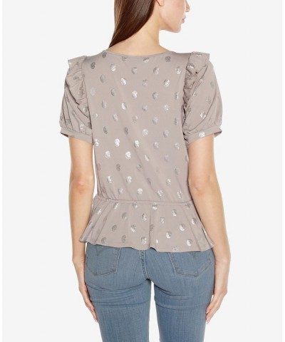 Black Label Petite Paisley Print Short Sleeve Peplum Ruffle Top Pearl Gray, Silver $36.90 Tops