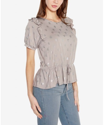 Black Label Petite Paisley Print Short Sleeve Peplum Ruffle Top Pearl Gray, Silver $36.90 Tops