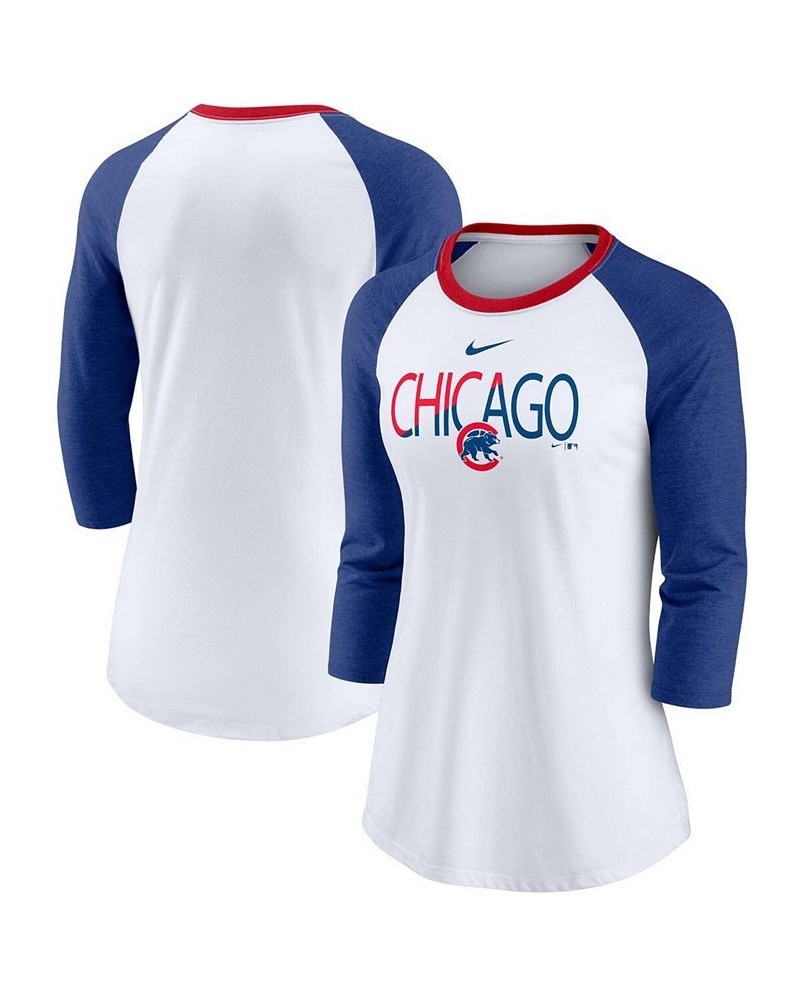 Women's White Heathered Royal Chicago Cubs Color Split Tri-Blend 3/4 Sleeve Raglan T-shirt White $28.04 Tops