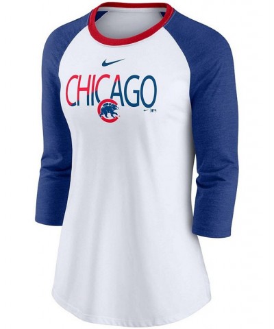 Women's White Heathered Royal Chicago Cubs Color Split Tri-Blend 3/4 Sleeve Raglan T-shirt White $28.04 Tops